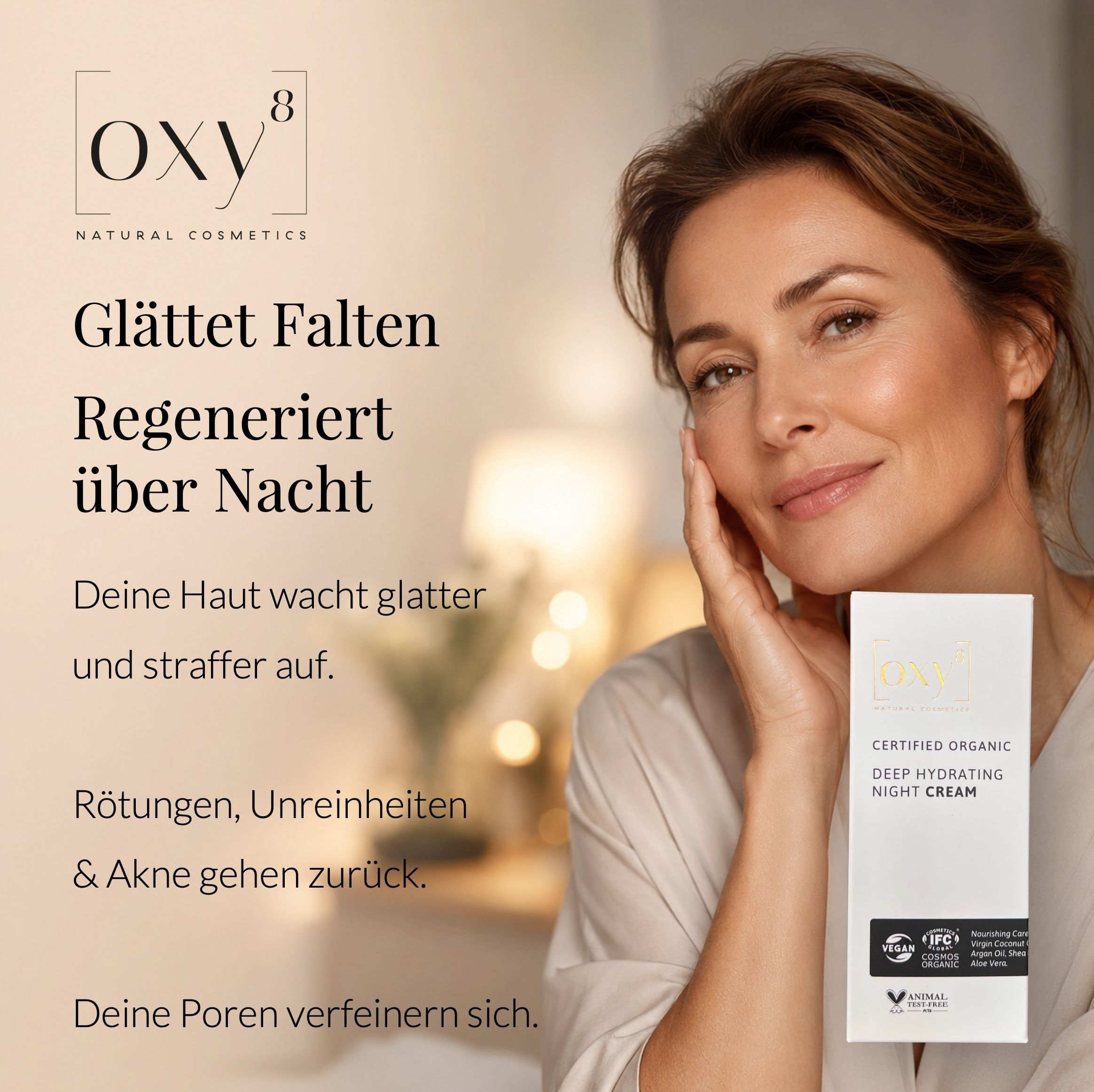Frau mit regenerierter Haut, OXY8 Logo und Text 'Glättet Falten, Regeneriert über Nacht'.
