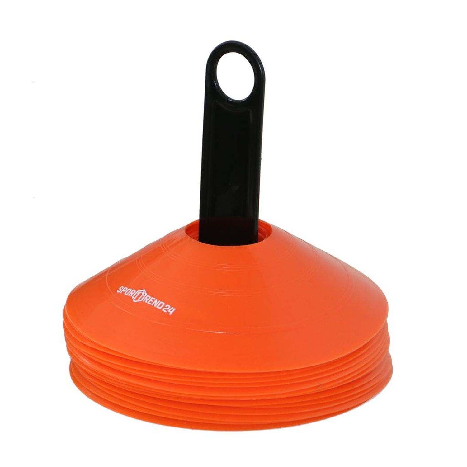Orange Markierungshütchen mit schwarzem Griff. Aufschrift: Sporttrend24. Stapel von Hütchen.