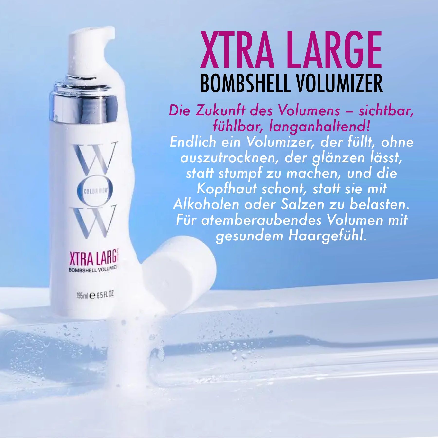 Weißer Schaumfestiger, Schaum auf Waschbecken. Schriftzug: Xtra Large Bombshell Volumizer. 195ml.