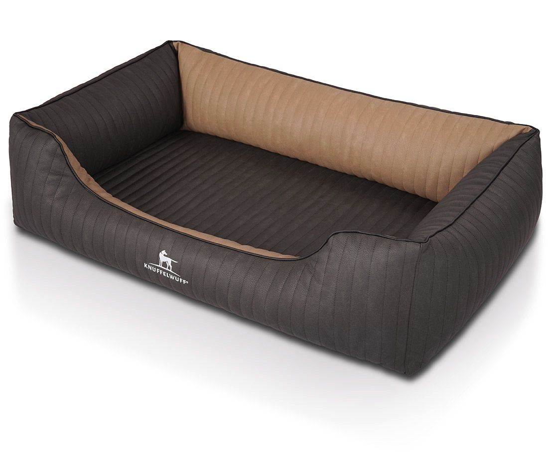 Hundebett Outback, dunkelgrau mit beigefarbenem Innenraum. Logo Knuffelwuff. Rechteckige Form mit erhöhten Seiten.