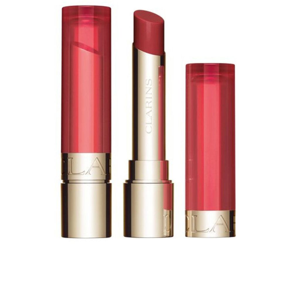 Lippenbalsam mit geöffneter und geschlossener Hülse. Goldfarbener Boden, transparenter Deckel. Produktname: CLARINS.