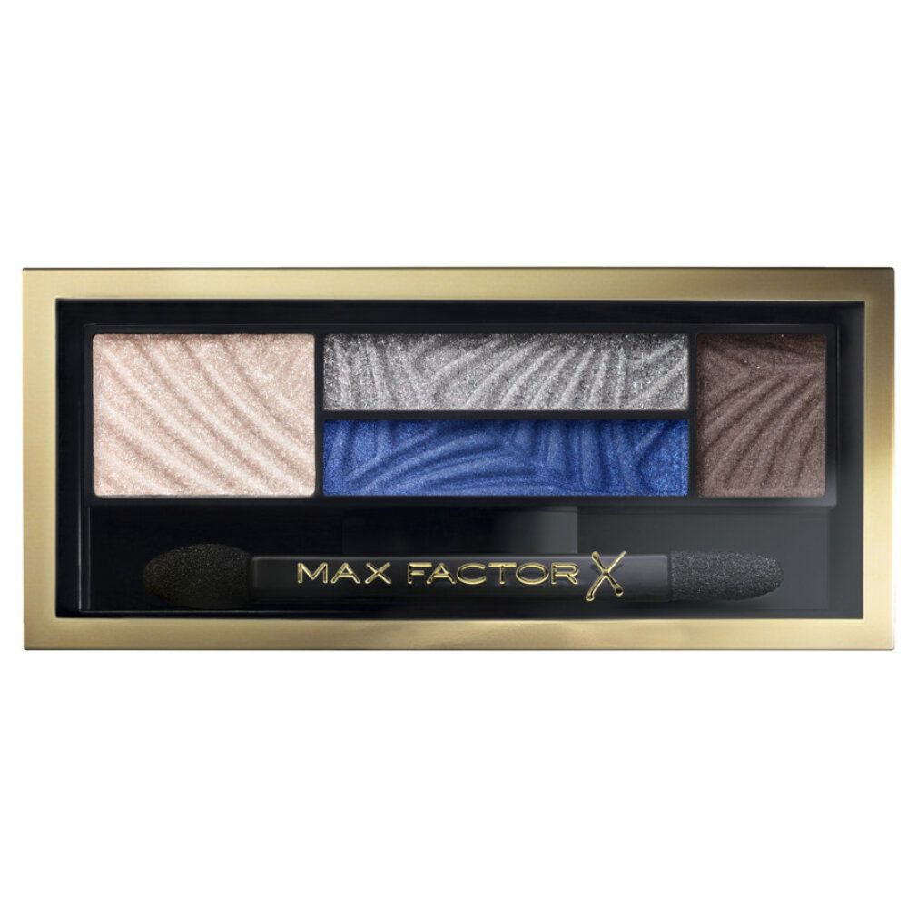 Lidschatten-Palette mit fünf Farben, blau und braun. Goldfarbene Umrandung, schwarzer Applikator. Schriftzug: MAX FACTOR.