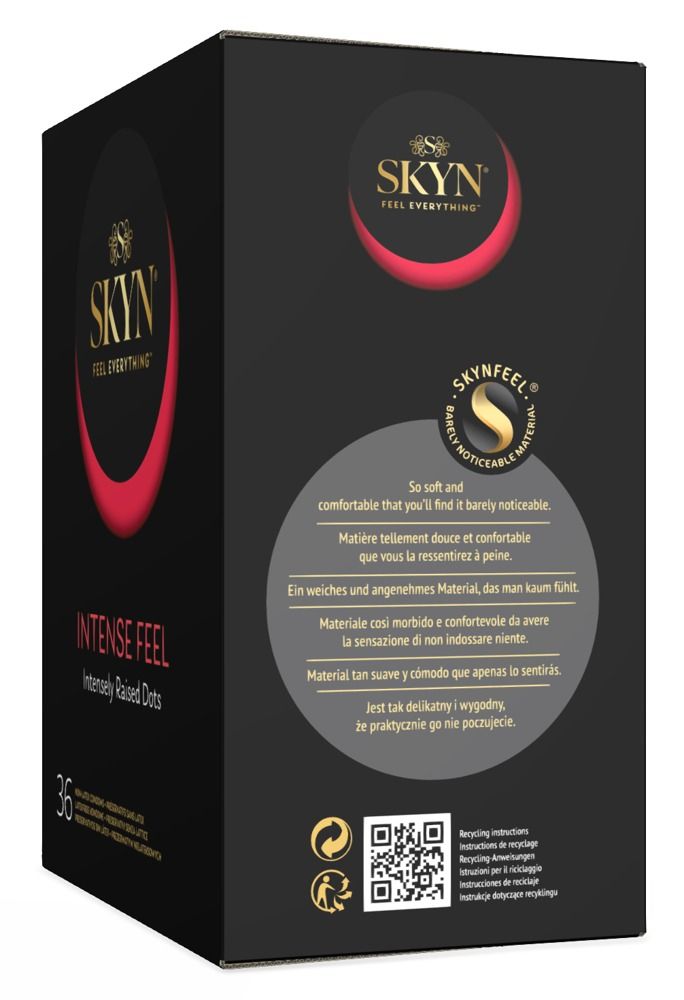 Schwarze Verpackung mit SKYN-Logo und Produktbezeichnung INTENSE FEEL. 36 Stück. Text über das Material und Recycling.