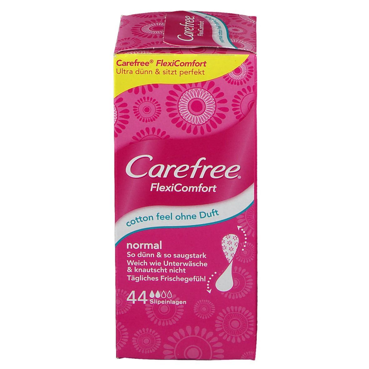 Rosa Verpackung mit Produktinformationen. Aufschrift: Carefree FlexiComfort. 44 Slipeinlagen. Produktabbildung.