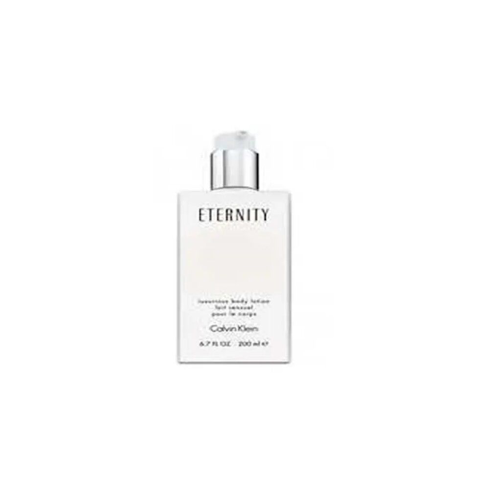 Weißer Körperlotion-Flakon mit Pumpe. Aufschrift: ETERNITY, Calvin Klein. Text: luxurious body lotion, 6.7 FL OZ, 200 ml e.