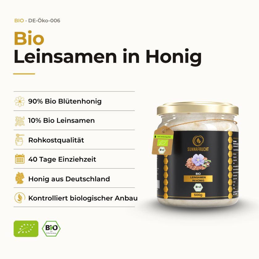 Glas SUNNAFRUCHT® BIO Leinsamen in Honig neben einer Liste von Produkteigenschaften und Bio-Siegeln.