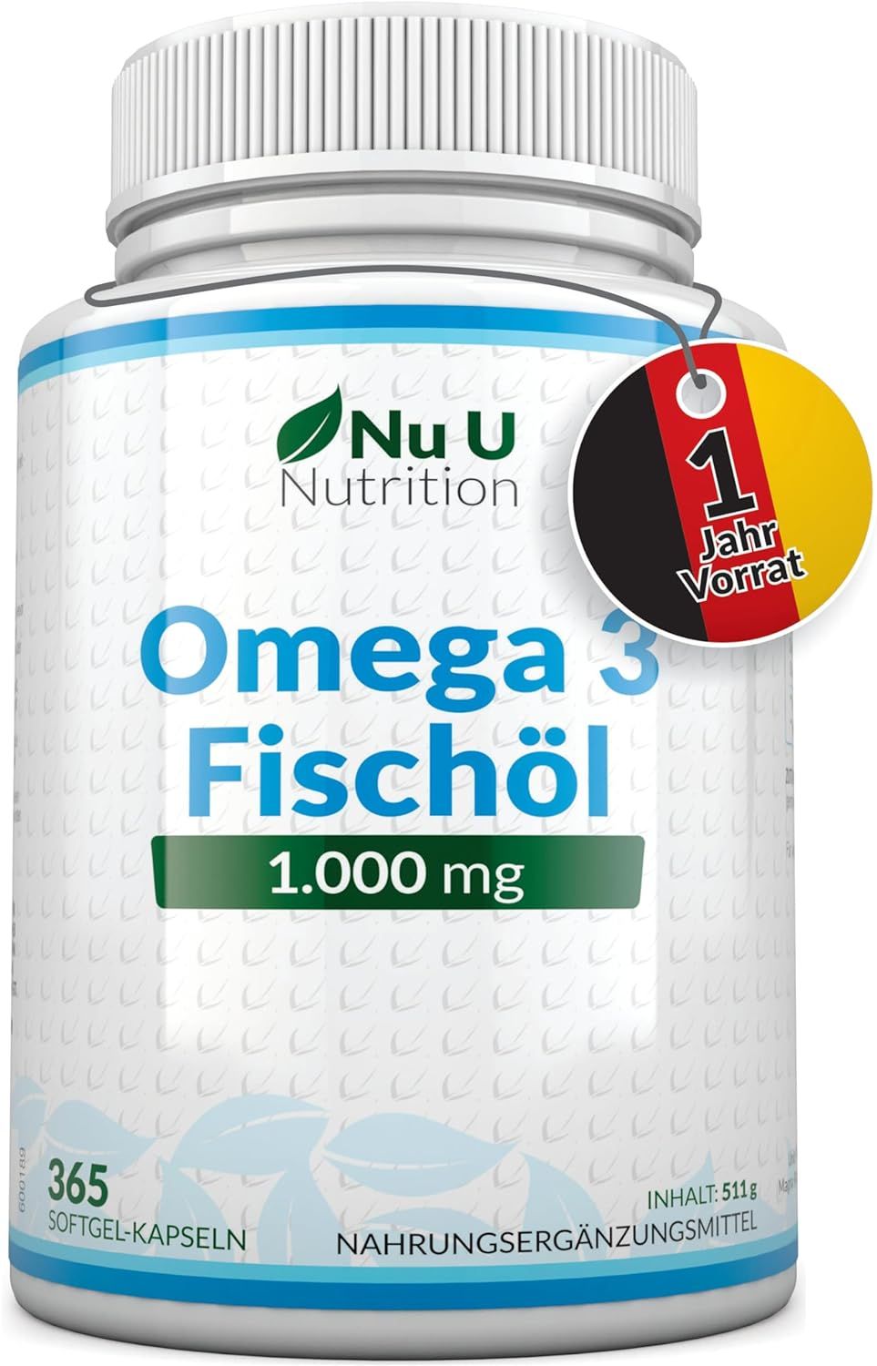 Flacone bianco Nu U Nutrition Omega 3 Fischöl. Etichetta con testo e 1 anno di fornitura. 365 capsule.