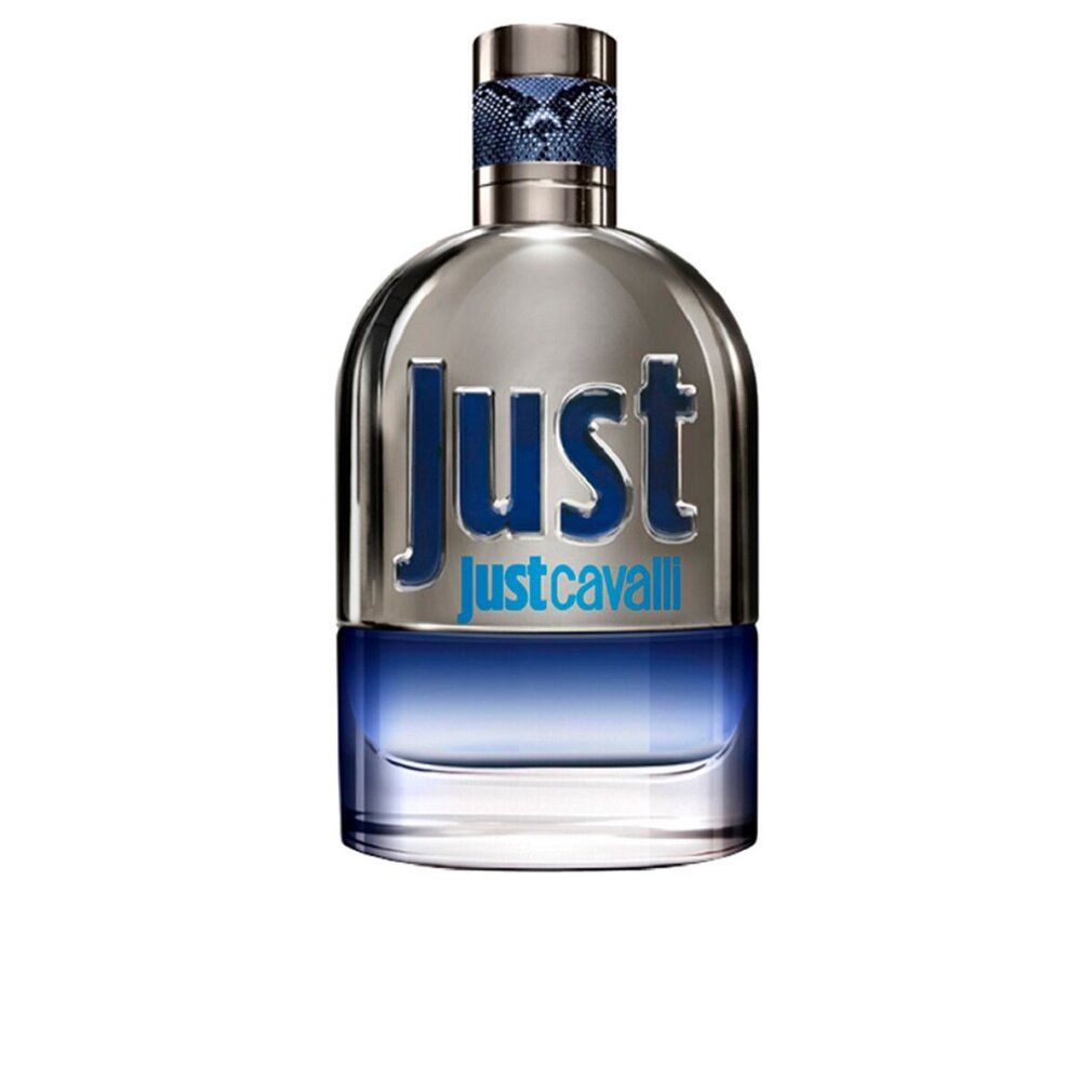 Flakon mit silberfarbenem Deckel und blauer Flüssigkeit. Aufschrift "Just Justcavalli".