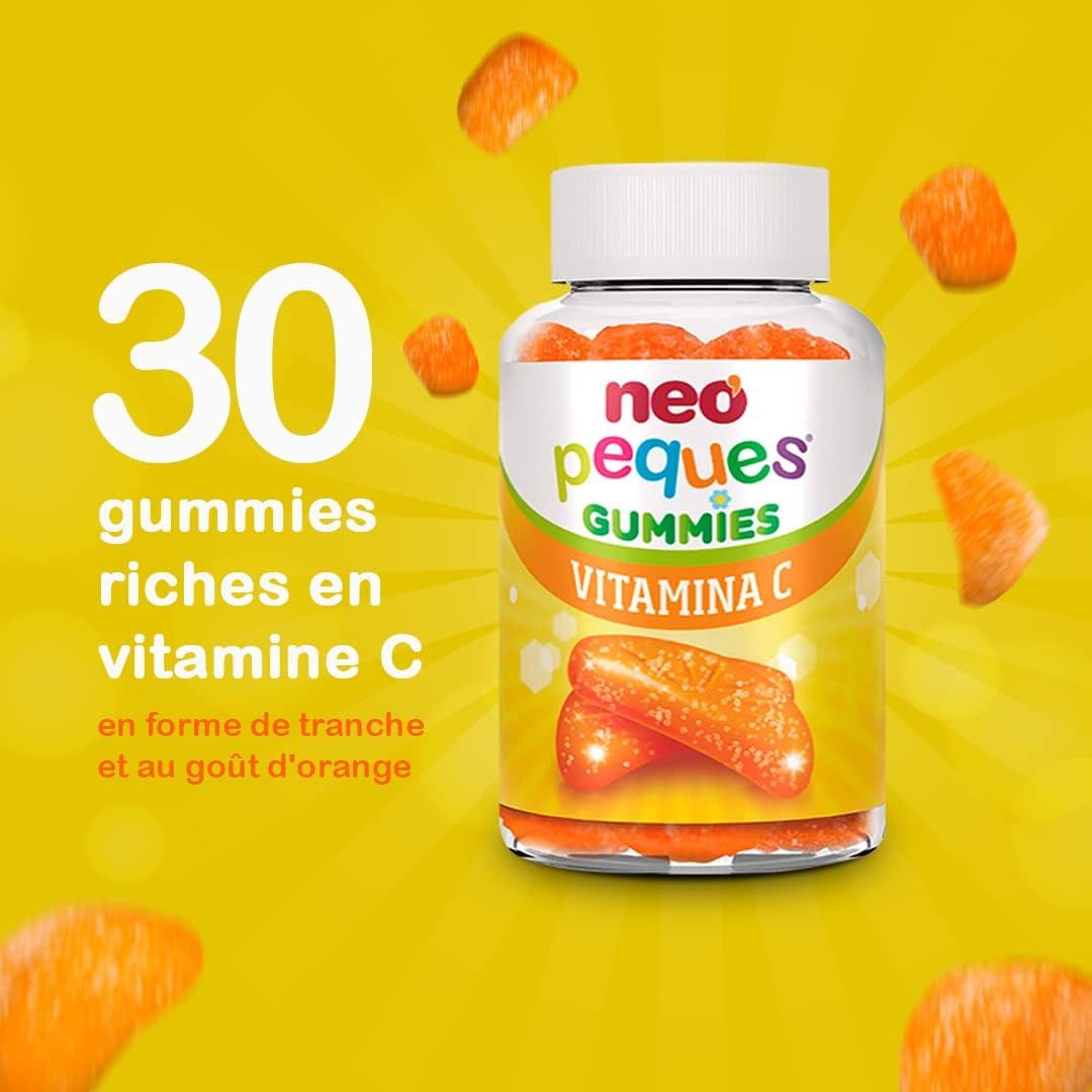 Eine Flasche Neo Peques Gummies Vitamin C. Aufschrift: 30 Gummies, reich an Vitamin C, in Form von Orangenscheiben und Orangengeschmack.