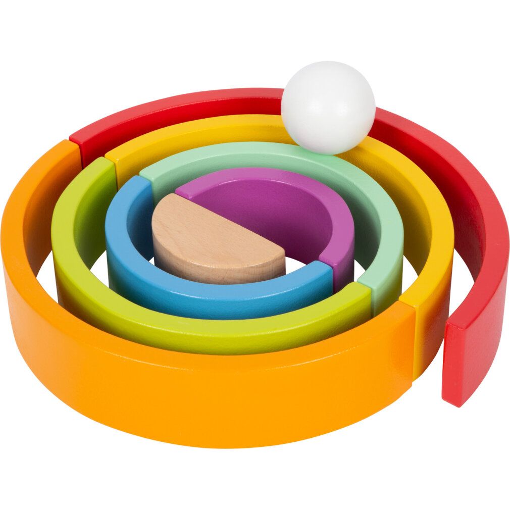 Holz-Regenbogen in Kreisform mit 7 Bögen und einer weißen Kugel. Holzfarben und leuchtende Farben.