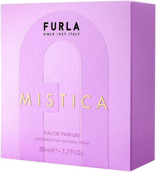 Lila Kartonverpackung für Parfüm. Oben steht "FURLA SINCE 1927 ITALY". In der Mitte steht "MISTICA" in Goldbuchstaben. Darunter "EAU DE PARFUM".