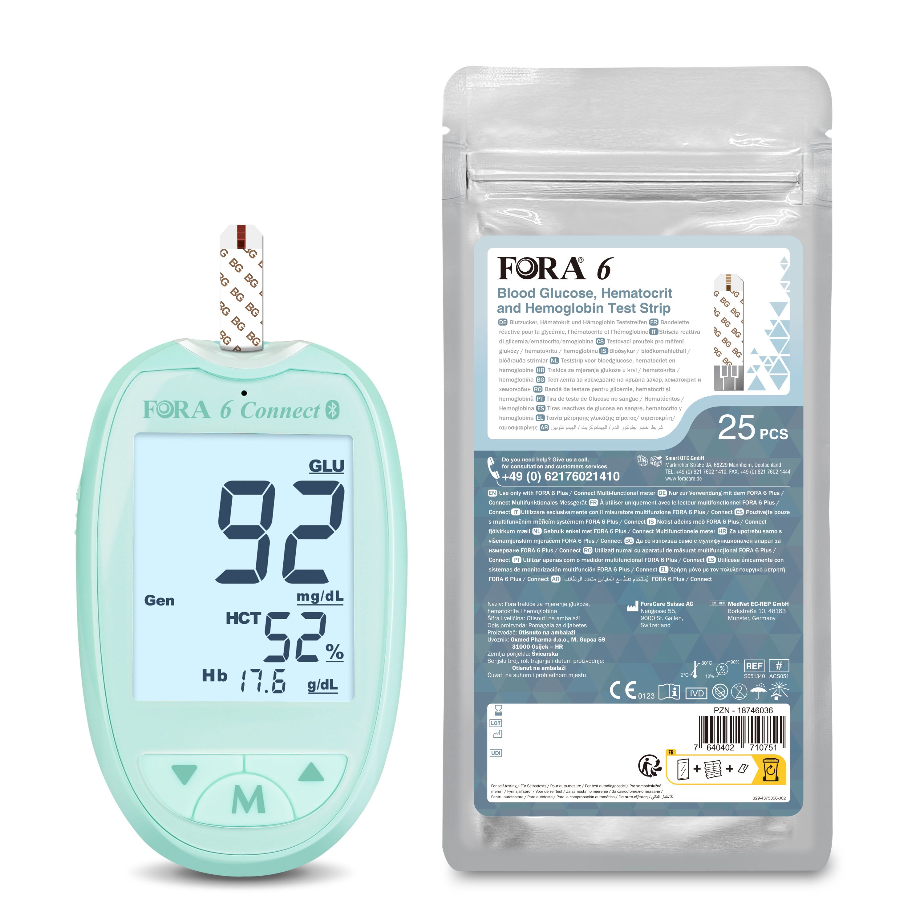 FORA 6 Blutzuckermessgerät mit Display. Zeigt 92, HCT 52%, Hb 17.6 g/dl. Neben: Packung mit 25 Teststreifen.