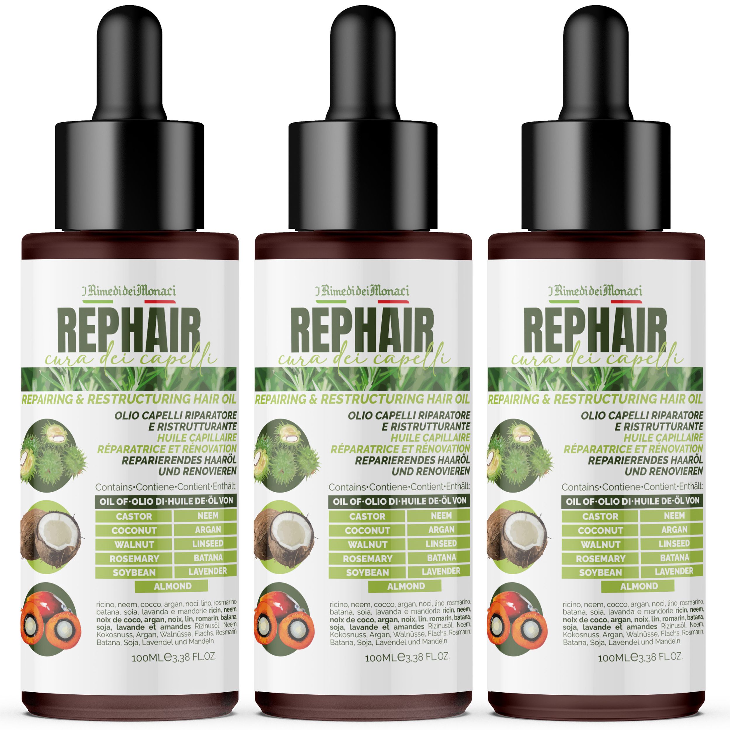 Drei Flaschen Rehair Haaröl mit Tropfer. Aufschrift: REPHAIR. Enthält Öl, Kokosnuss, Walnuss, Rosmarin, Sojabohne, Mandel.