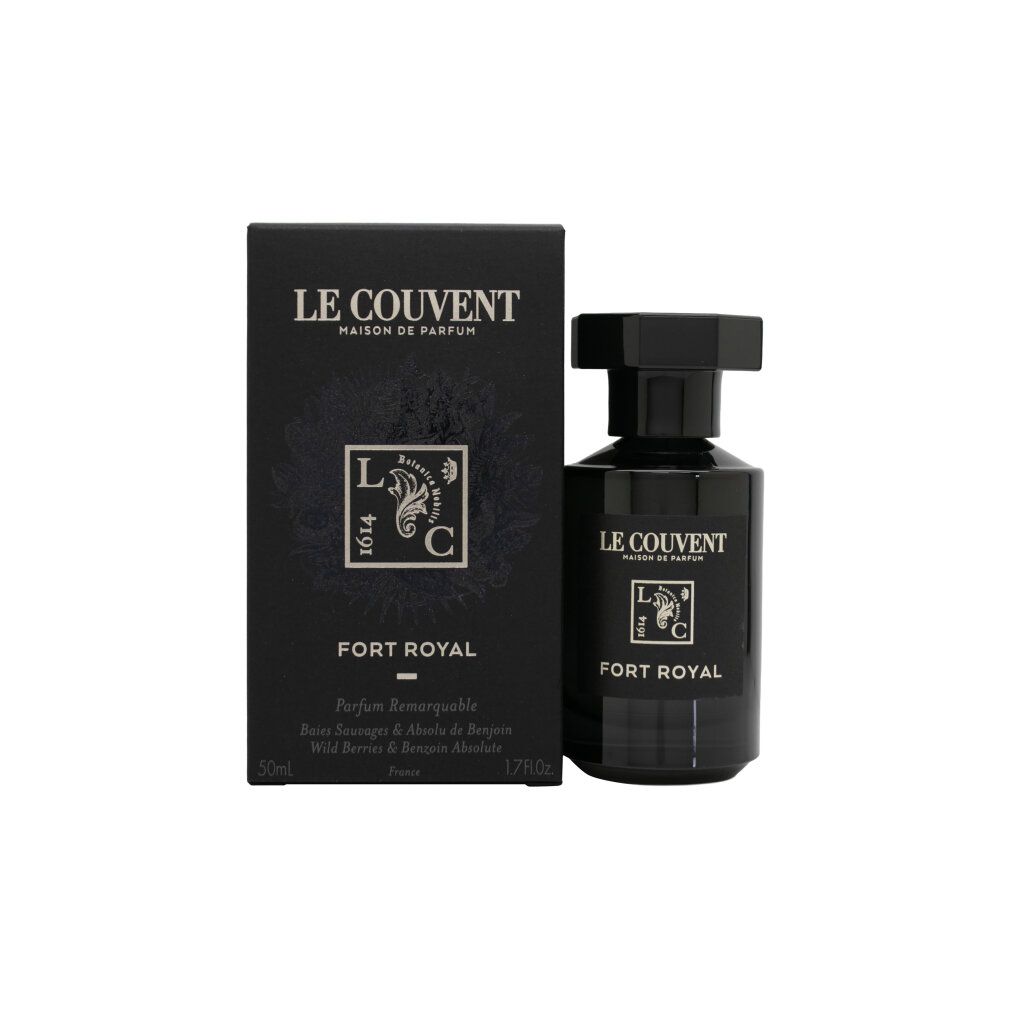 Schwarze Flasche und Schachtel. Aufschrift: Le Couvent, Fort Royal. Quadratisches Etikett mit L.C. 1614. 50ml.