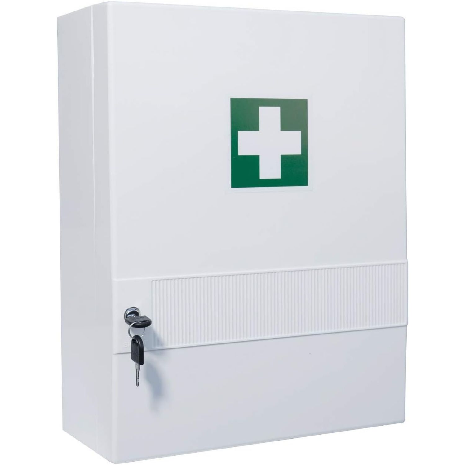 Weißer Verbandschrank mit grünem Kreuz. Mit Schloss und Schlüssel.