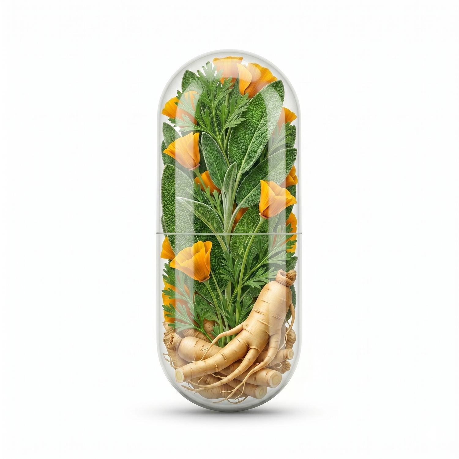 Transparente Kapsel mit Pflanzen und Blüten gefüllt. Enthält Ginseng und andere Kräuter.