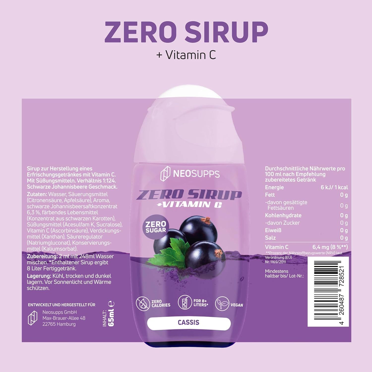 Flasche Neosupps Zero Sirup Cassis mit Vitamin C. Aufdruck: Zero Sugar, Zero Calories, Vegan.