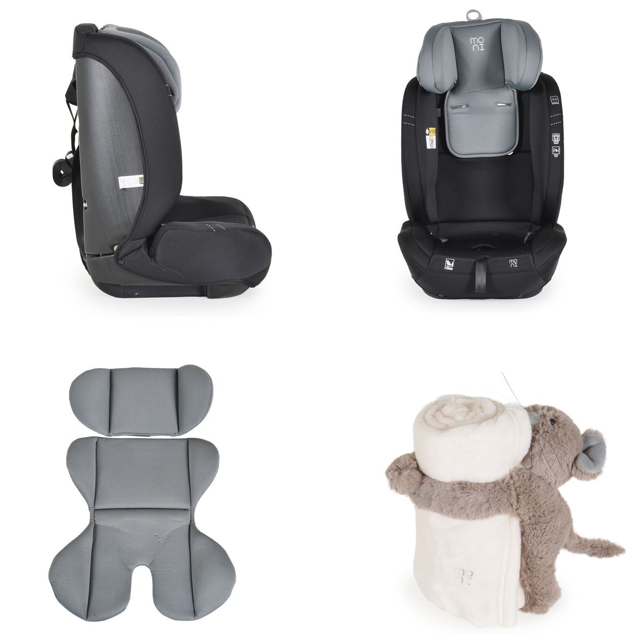 Kindersitz mit Plüschtier und Decke, seitliche Ansicht.