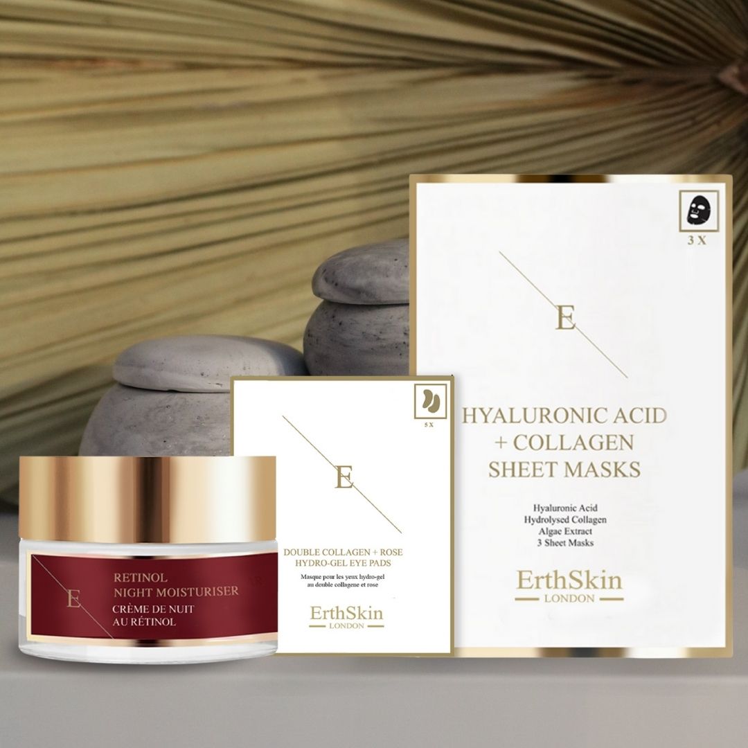 Pot de crème, patchs pour les yeux et paquet de masques. Inscription : ErthSkin London, Crème de nuit au rétinol, Masques en feuille à l'acide hyaluronique + collagène.