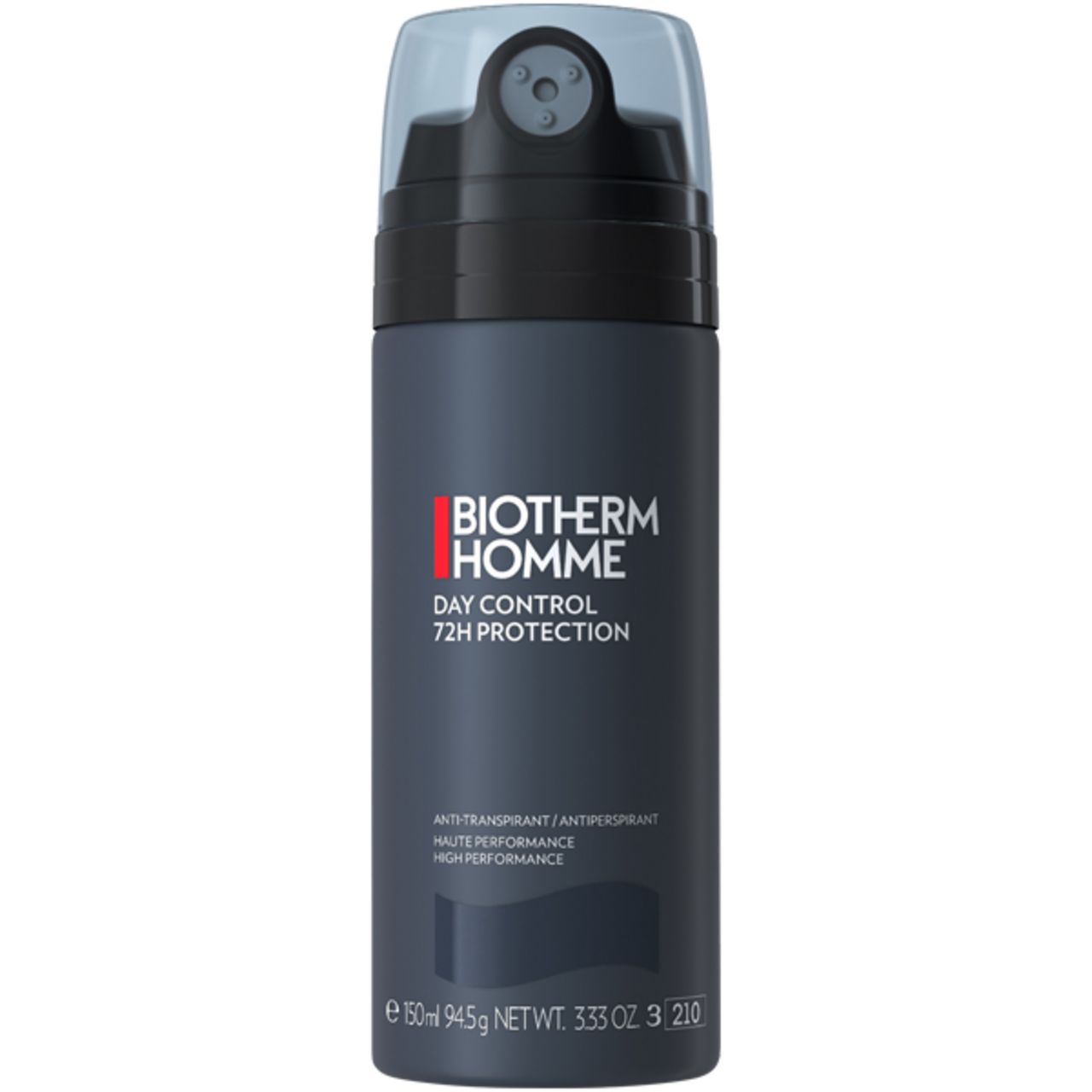 Blau-schwarze Deospray-Dose mit schwarzem Sprühkopf. BIOTHERM HOMME, Day Control 72H Protection. 150ml.
