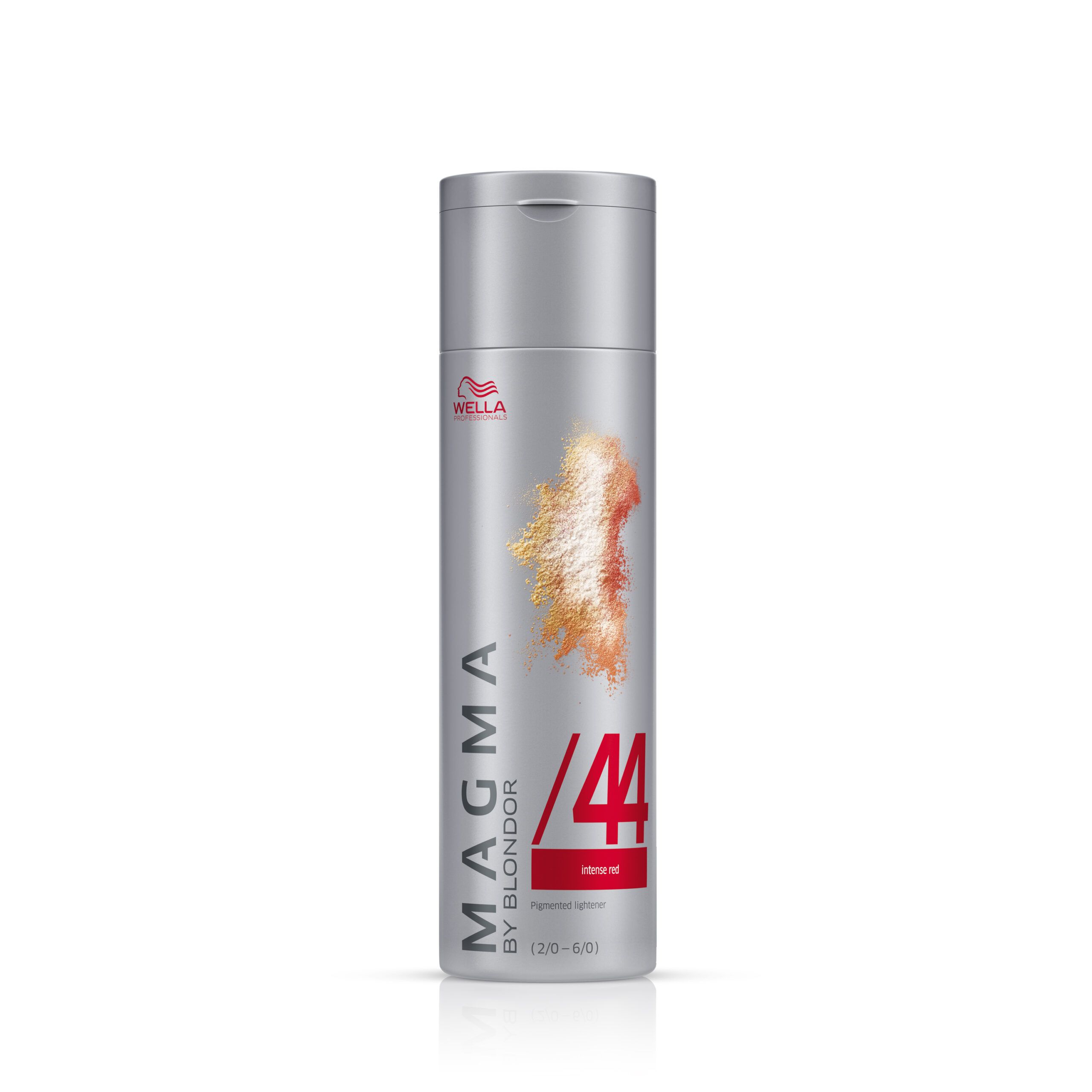 Silberne Flasche mit Wella-Logo und Aufschrift MAGMA BY BLONDOR /44 Intensiv Rot. Abbildung von Farbpigmenten.