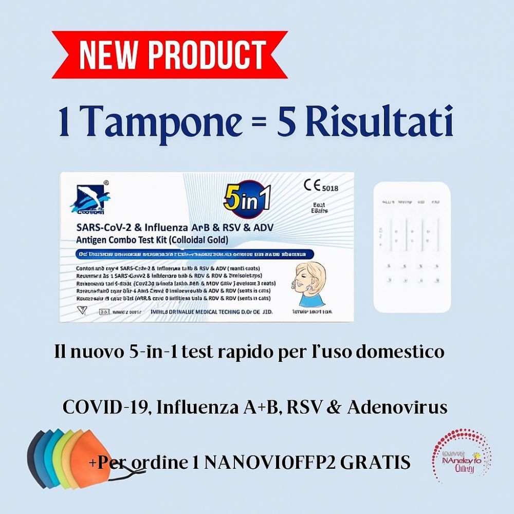DeepBlue 5-in-1 Test COVID-19 (Alle Varianten), Grippe A/B, RSV, Adenovirus + Gratis Nanovio FFP2