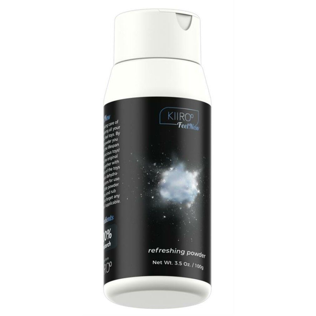Zylindrische Flasche mit weißem Deckel. Aufschrift: Kiiroo FeelNew, refreshing powder. 3.5 fl. oz. (100ml) e.