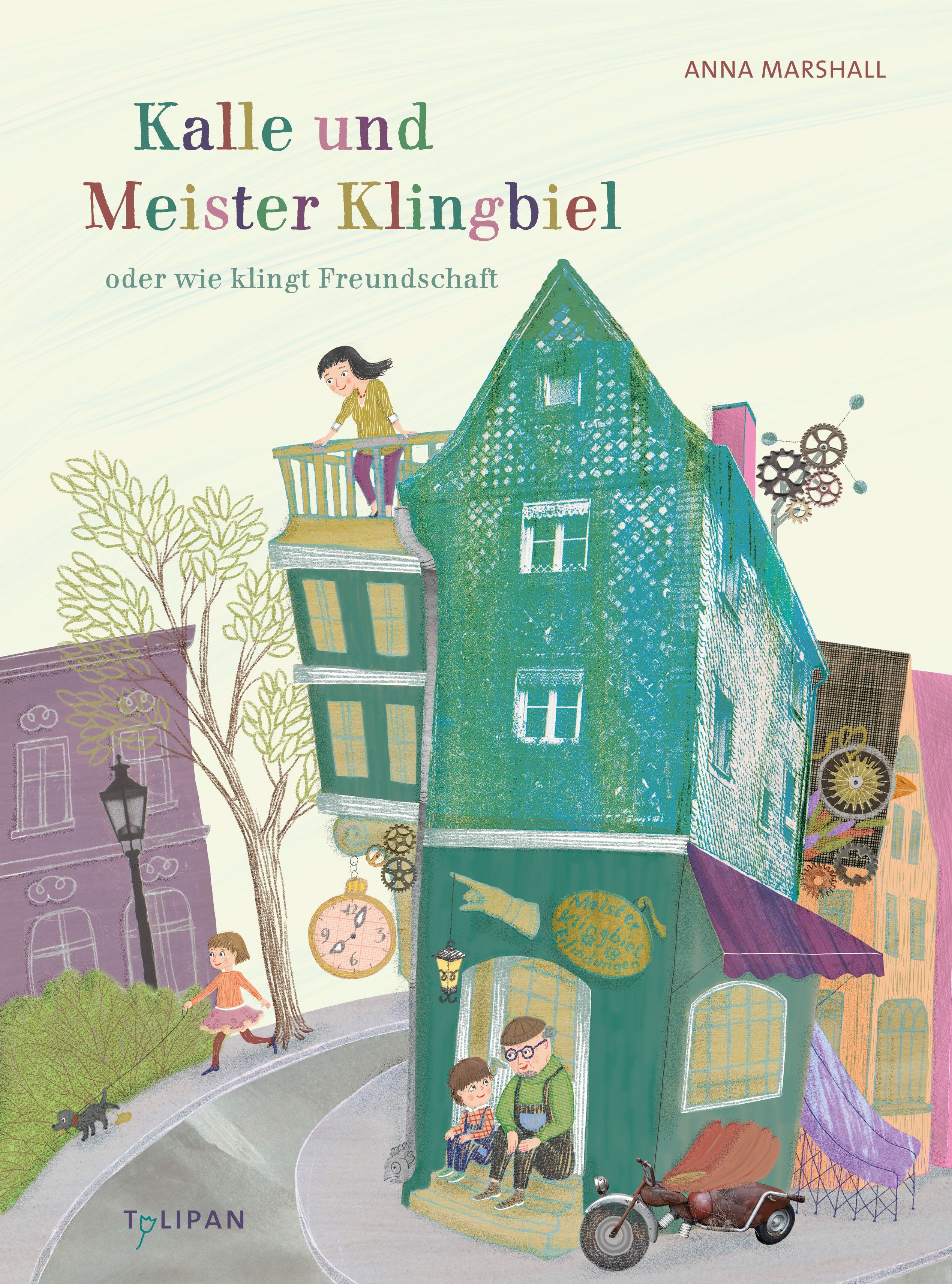 Buchcover: "Kalle und Meister Klingbiel". Illustration einer grünen Hausfassade mit Figuren. Titel und Autorin sichtbar.