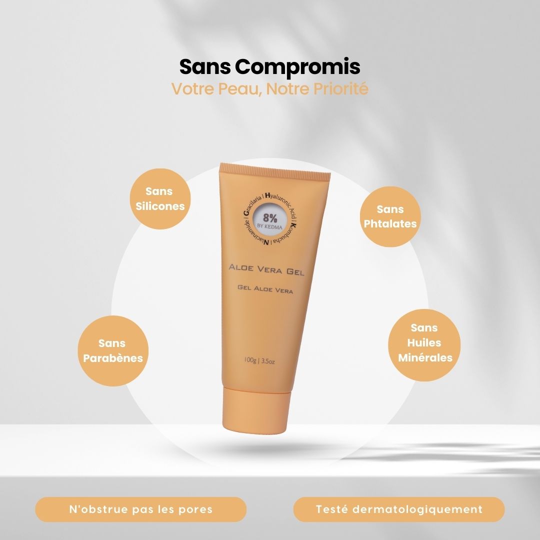 Tube beige de gel d'aloe vera, texte. Sans silicones, parabènes, phtalates, huiles minérales. Testé dermatologiquement. 8% by Kedma.