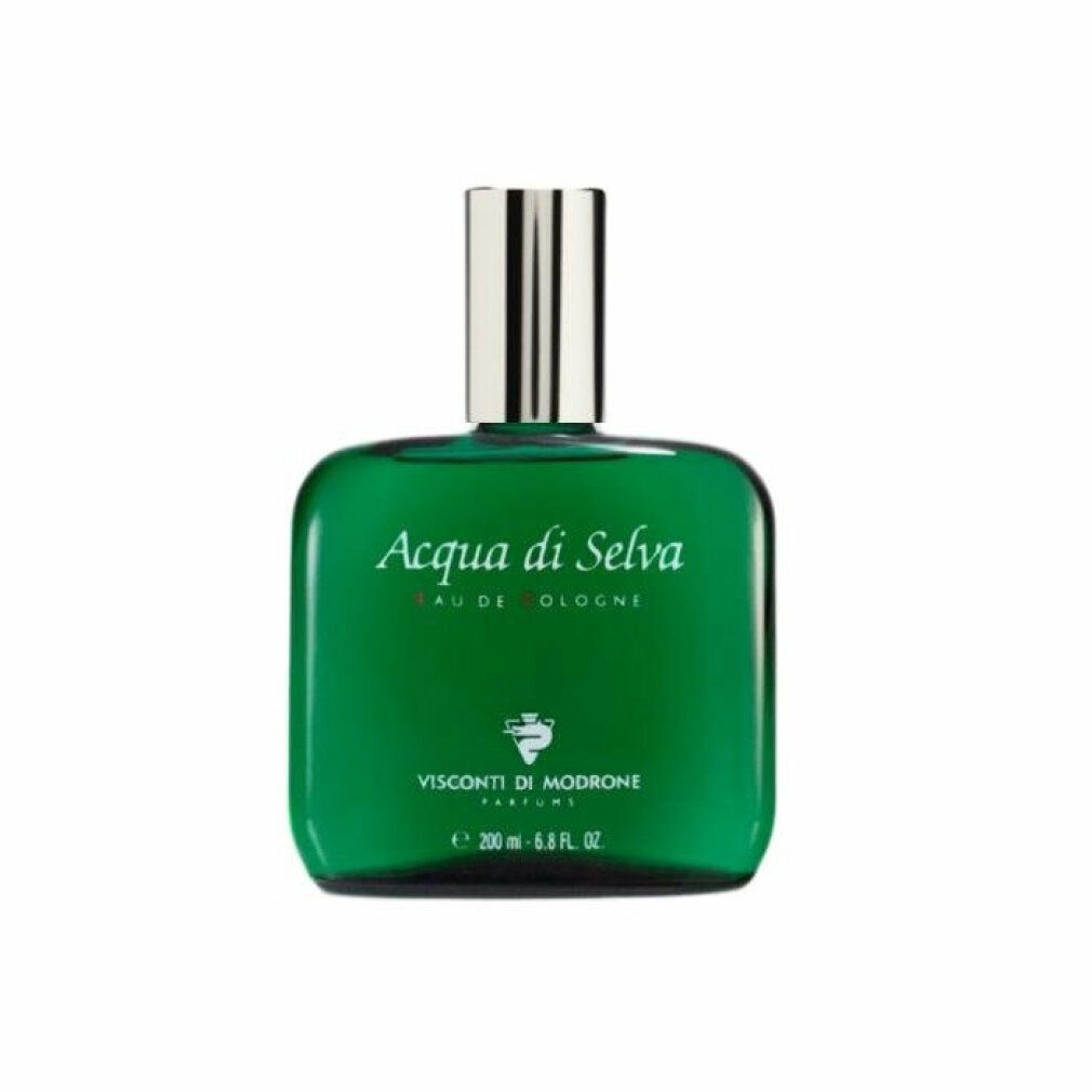 Grüne Glasflasche mit silbernem Verschluss. Aufschrift: Acqua di Selva Eau de Cologne. Marke: Visconti di Modrone.