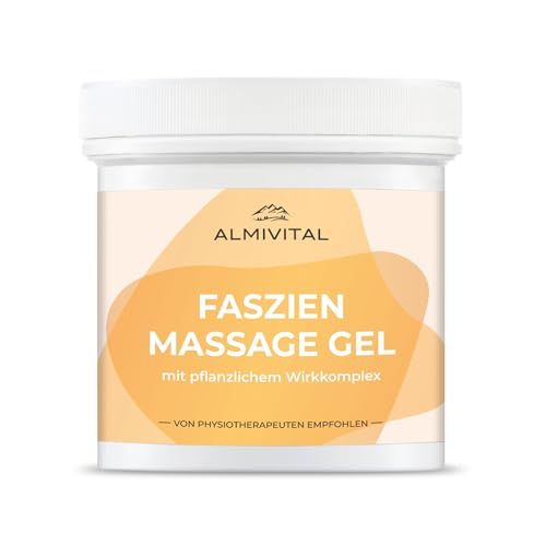 Weißes Tiegel mit ALMIVITAL Faszien Massage Gel. Orangefarbenes Etikett mit Produktname und Logo. Empfohlen von Physiotherapeuten.