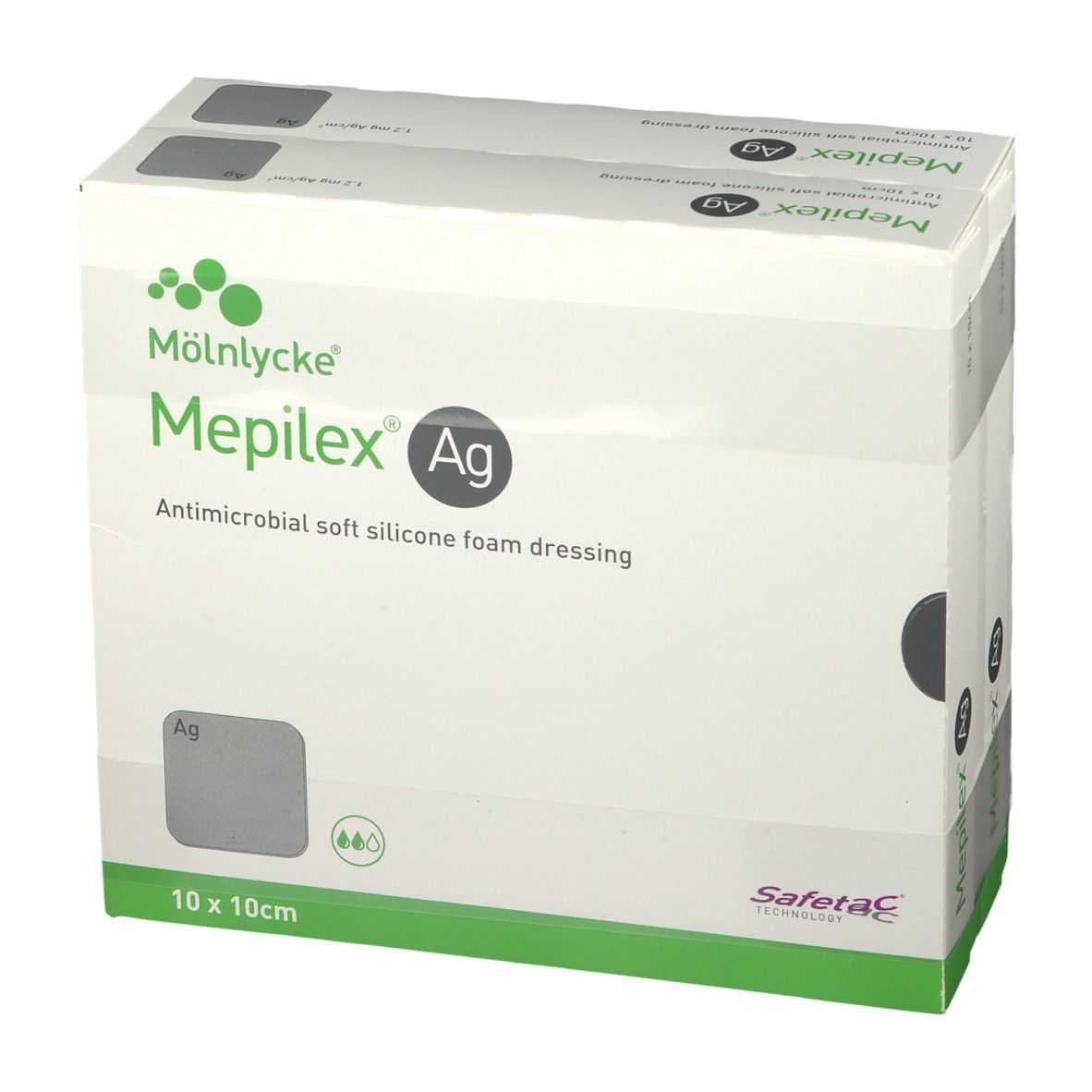 Verpackung von Mepilex Ag, antimikrobieller Silikonschaumverband. 10 x 10cm. Zwei Packungen sichtbar.