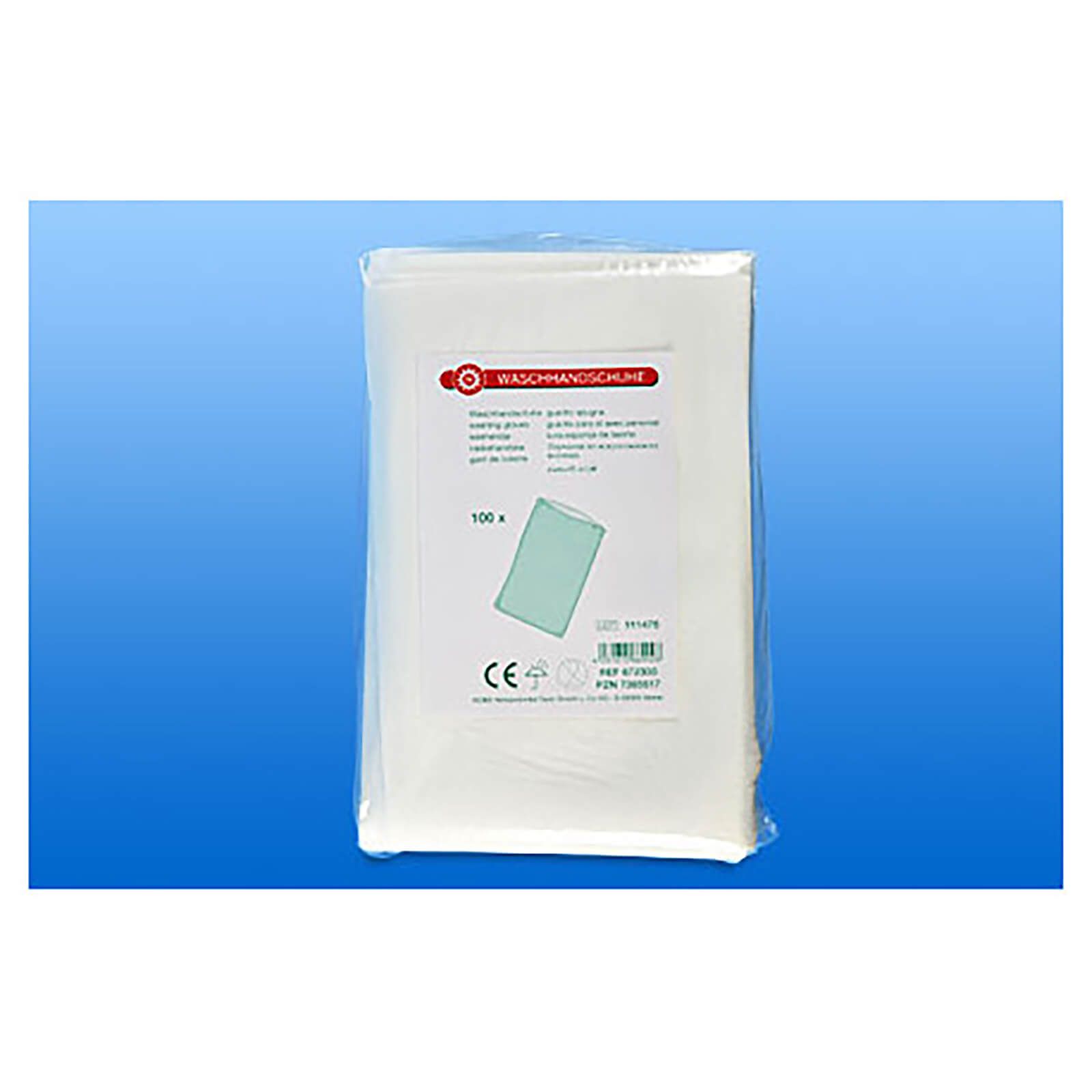 Verpackung mit Waschhandschuhen mit Folie. Text: Waschhandschuhe, 100 Stück. CE-Kennzeichnung.