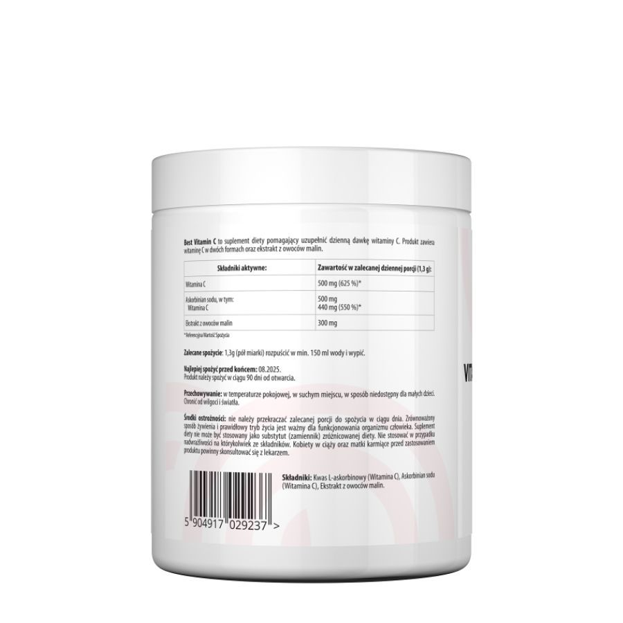 Rückseite des weißen Behälters. Enthält Informationen zu Inhaltsstoffen, Nährwerten und Gebrauchsanweisung. Barcode unten.