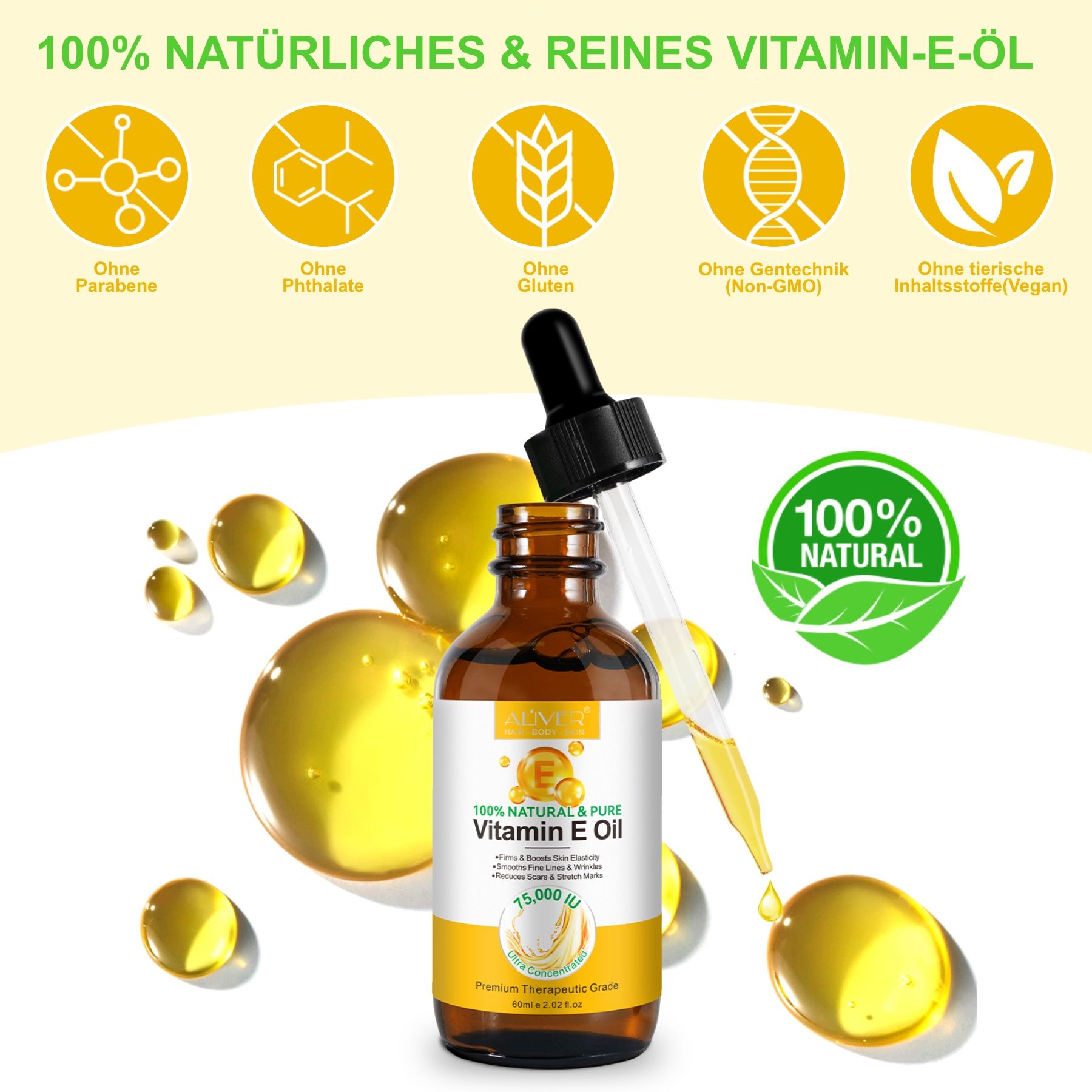 Eine Flasche Vitamin E Öl mit Tropfer. Gelbe Flüssigkeit und Tropfen. Text und Logos.