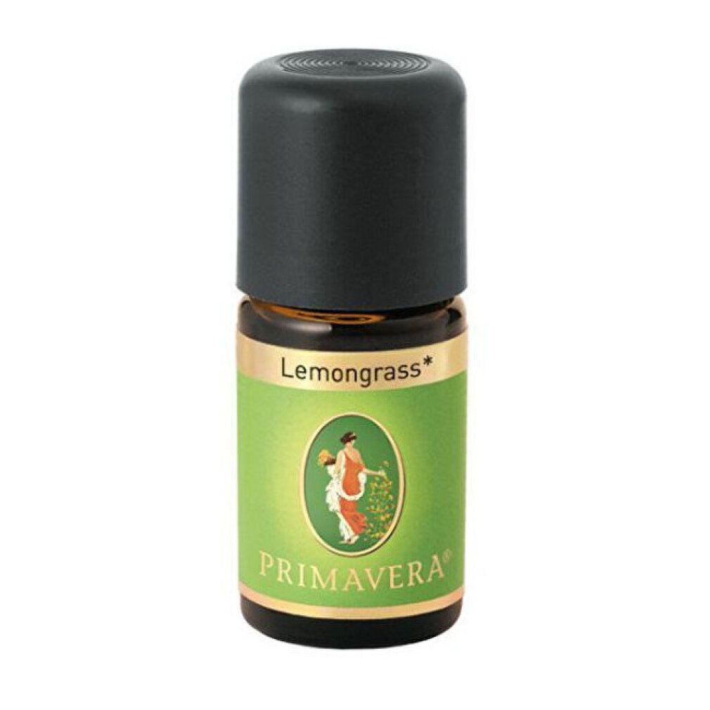 Braune Glasflasche mit schwarzem Deckel. Etikett mit "Lemongrass" und "PRIMAVERA".