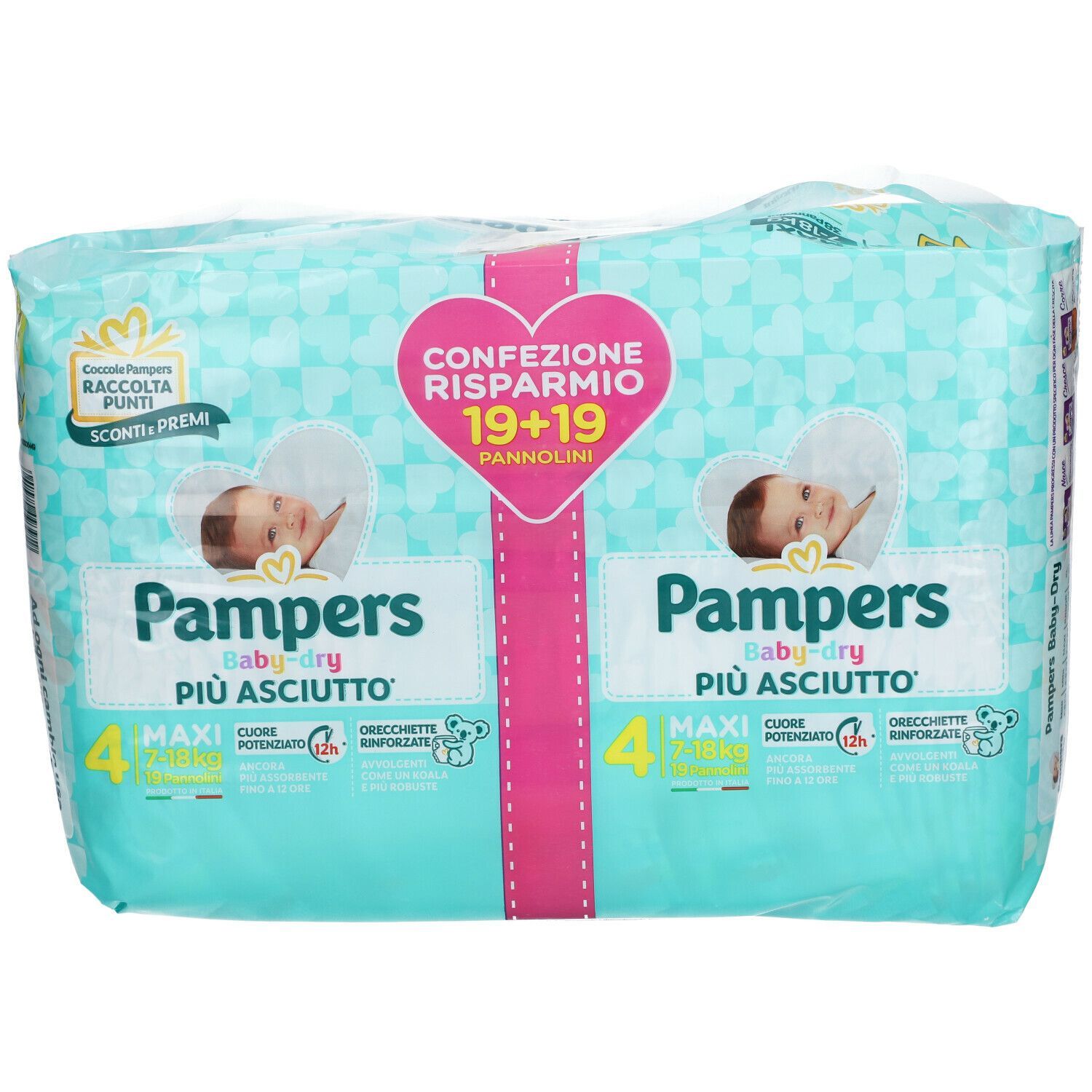 Confezione Pampers Baby Dryduo Max. Imballaggio turchese con cuore rosa. Testo: 19+19, Baby Dry, 4 Maxi.