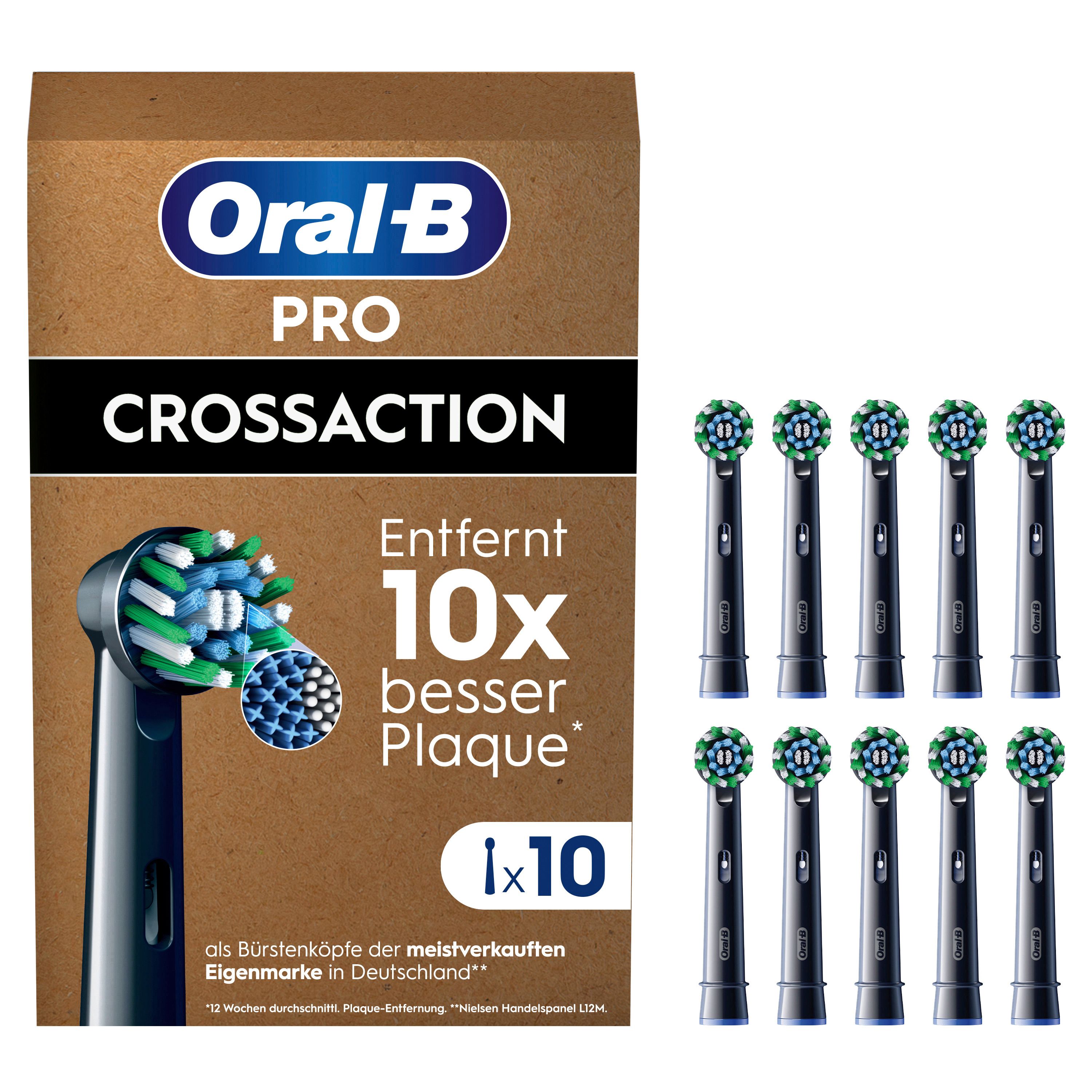 Zahnbürstenaufsätze in Verpackung. Marke: Oral-B Pro CrossAction. 10 Stück. Aufsatz mit grünen und blauen Borsten. Braune Verpackung.