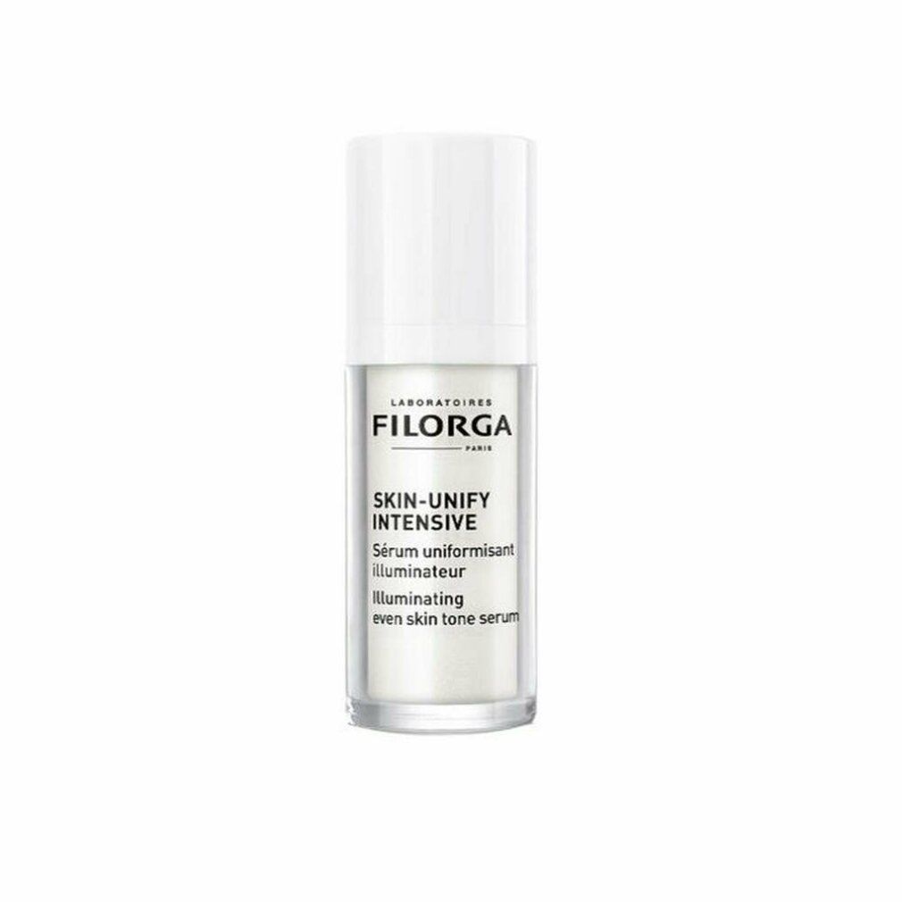 Serumflasche mit weißem Deckel. Aufschrift: FILORGA, SKIN-UNIFY INTENSIVE, Serum uniformisant, Illuminating even skin tone serum.
