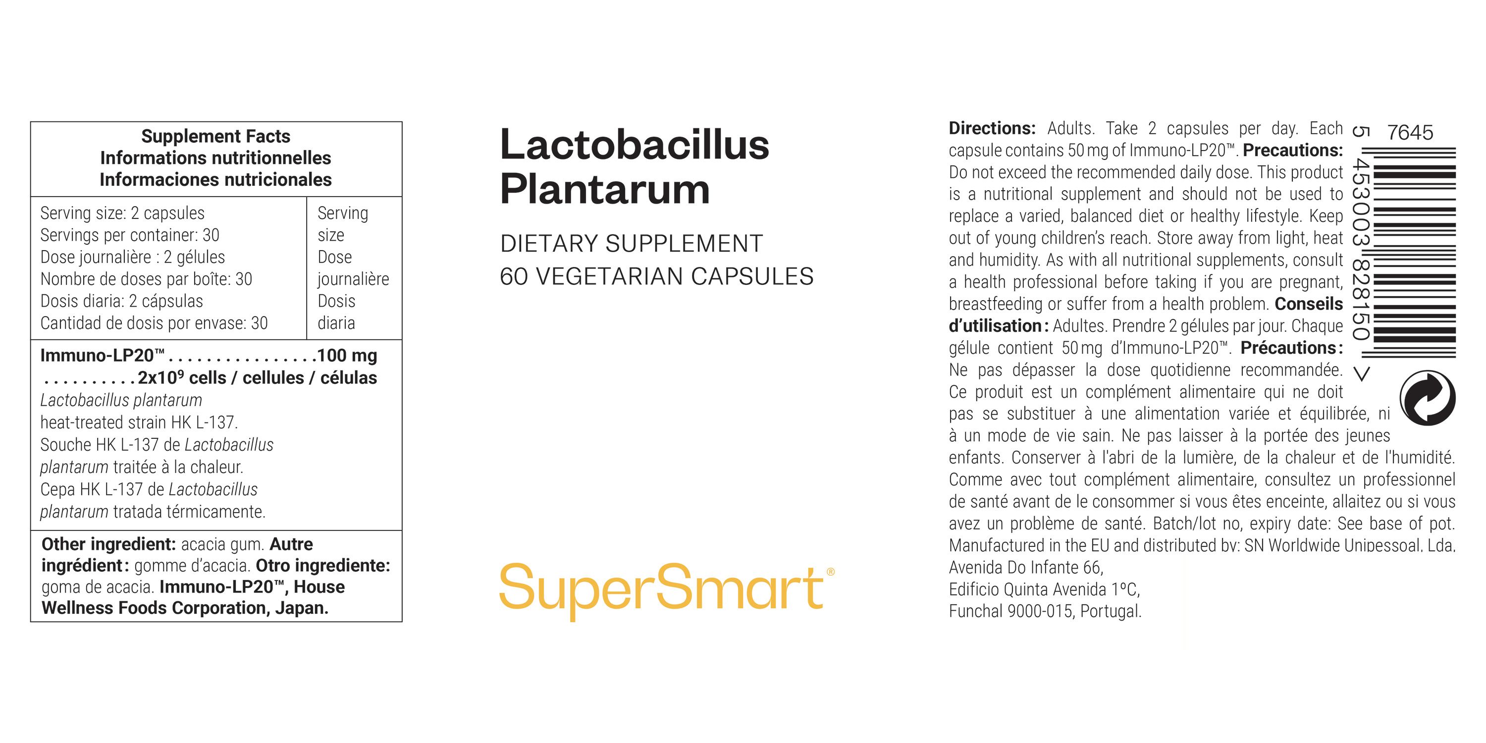 Etikett mit Informationen zu Lactobacillus Plantarum. Enthält Nährwertangaben und Anweisungen. Marke: SuperSmart.