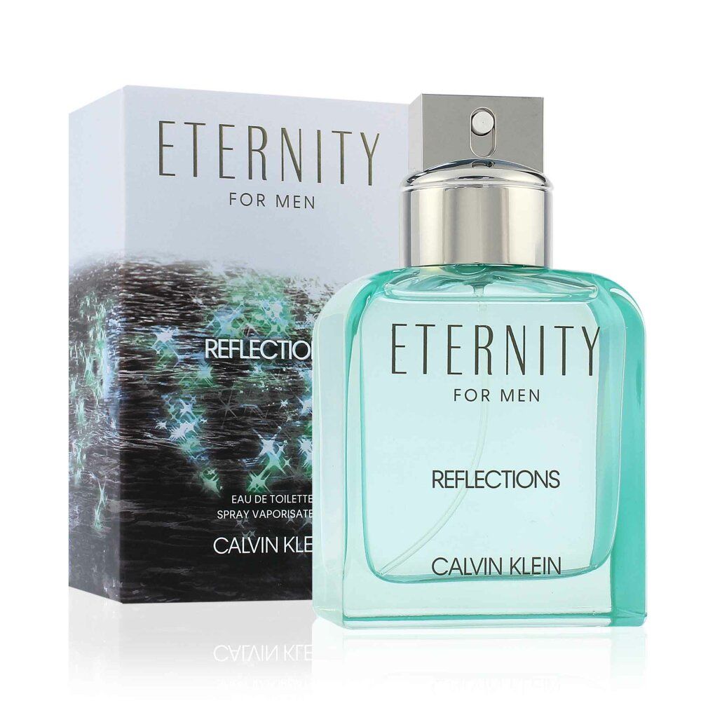 Eternity for Men Reflections Flakon und Verpackung. Eckiger Glasflakon und rechteckige Verpackung. Schriftzug Eternity, For Men, Reflections, Calvin Klein.
