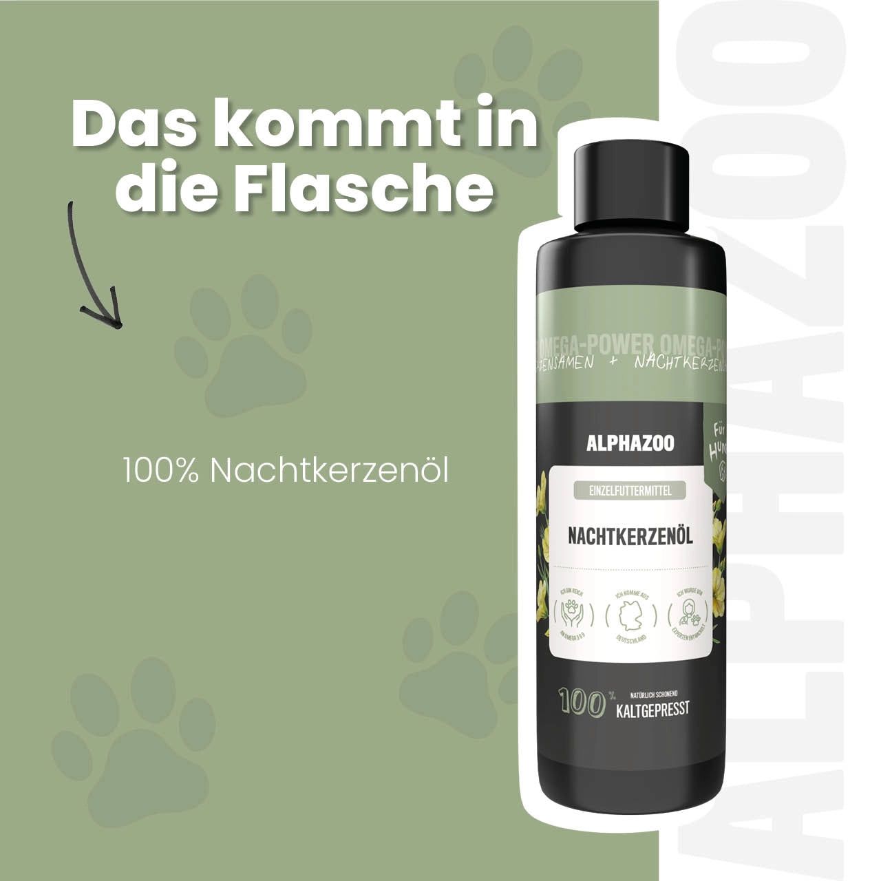 Produktflasche mit Etikett. Text: ALPHAZOO, Nachtkerzenöl, 100% kaltgepresst. Hintergrund: grüne Pfotenabdrücke.