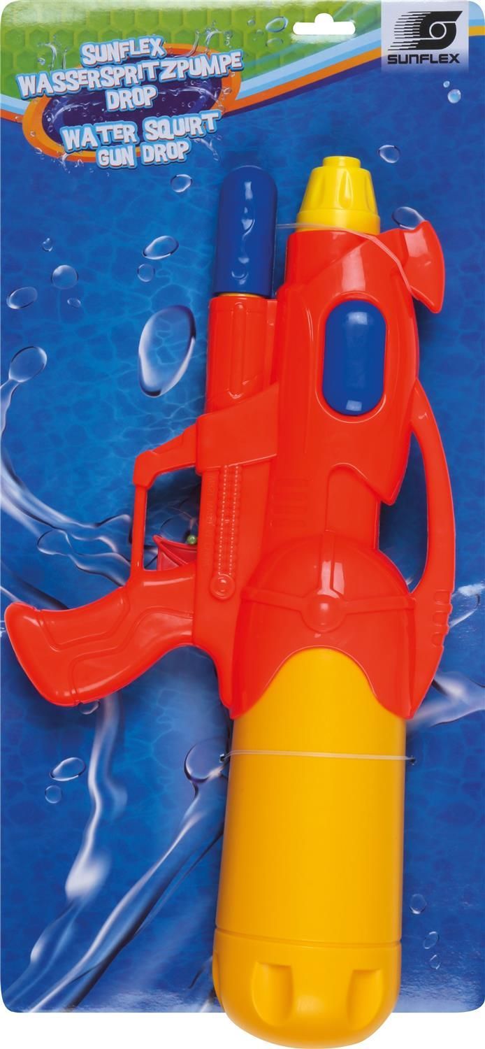 Wasserspritzpistole in Verpackung. Rote, gelbe und blaue Farben. Produktname und Marke Sunflex sichtbar. Hängevorrichtung.