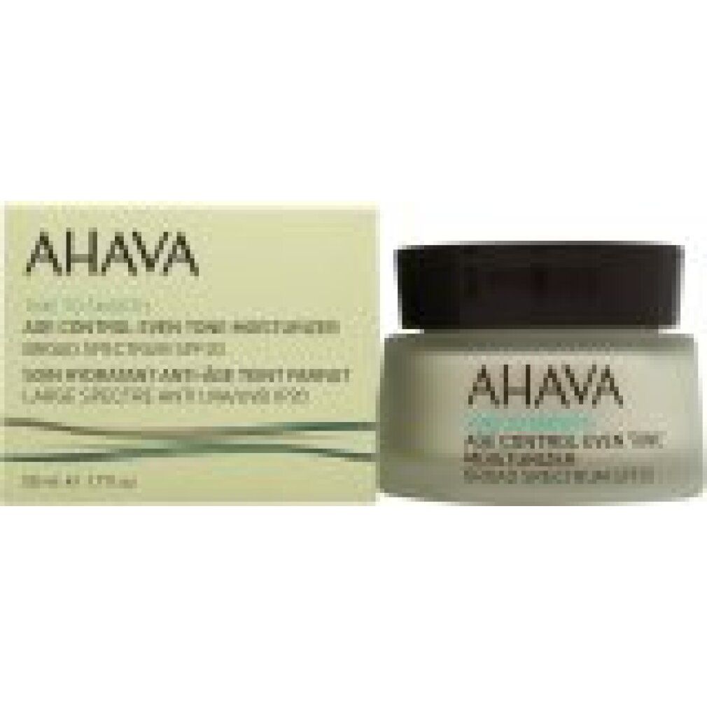 AHAVA Age Control Even Tone Moisturizer und Verpackung. Glasbehälter mit braunem Deckel.