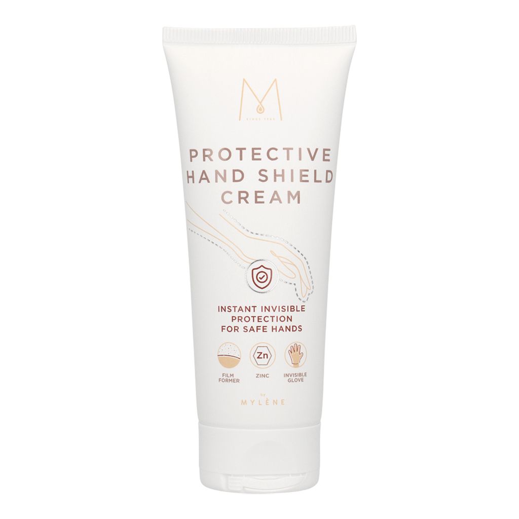 Weiße Tube, MYLÈNE Protective Hand Shield Cream. Text: Instant Invisible Protection for Safe Hands. Logo und Inhaltsstoffe.