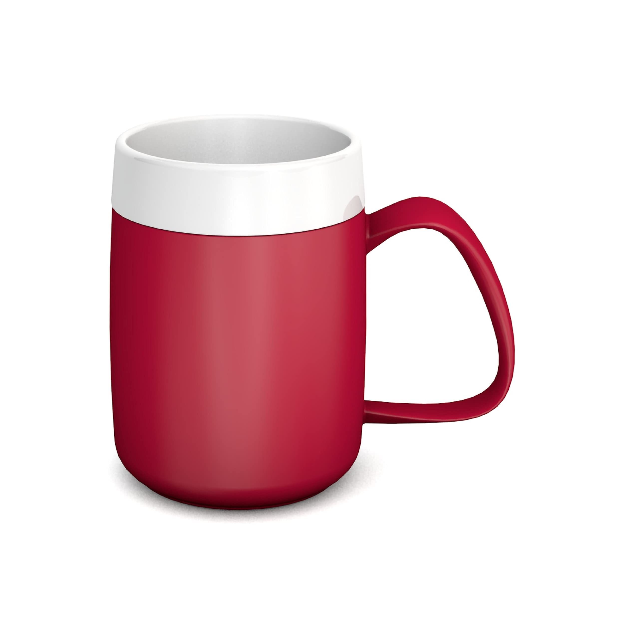 Roter Becher mit großem Henkel und weißem Rand. Keramikbecher.