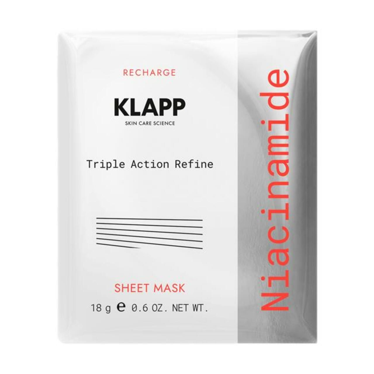 Klapp Sheet Mask. Weiße Verpackung mit roter Schrift. Enthält Niacinamide. Text: Triple Action Refine, 18 g e 0.6 OZ. NET WT.