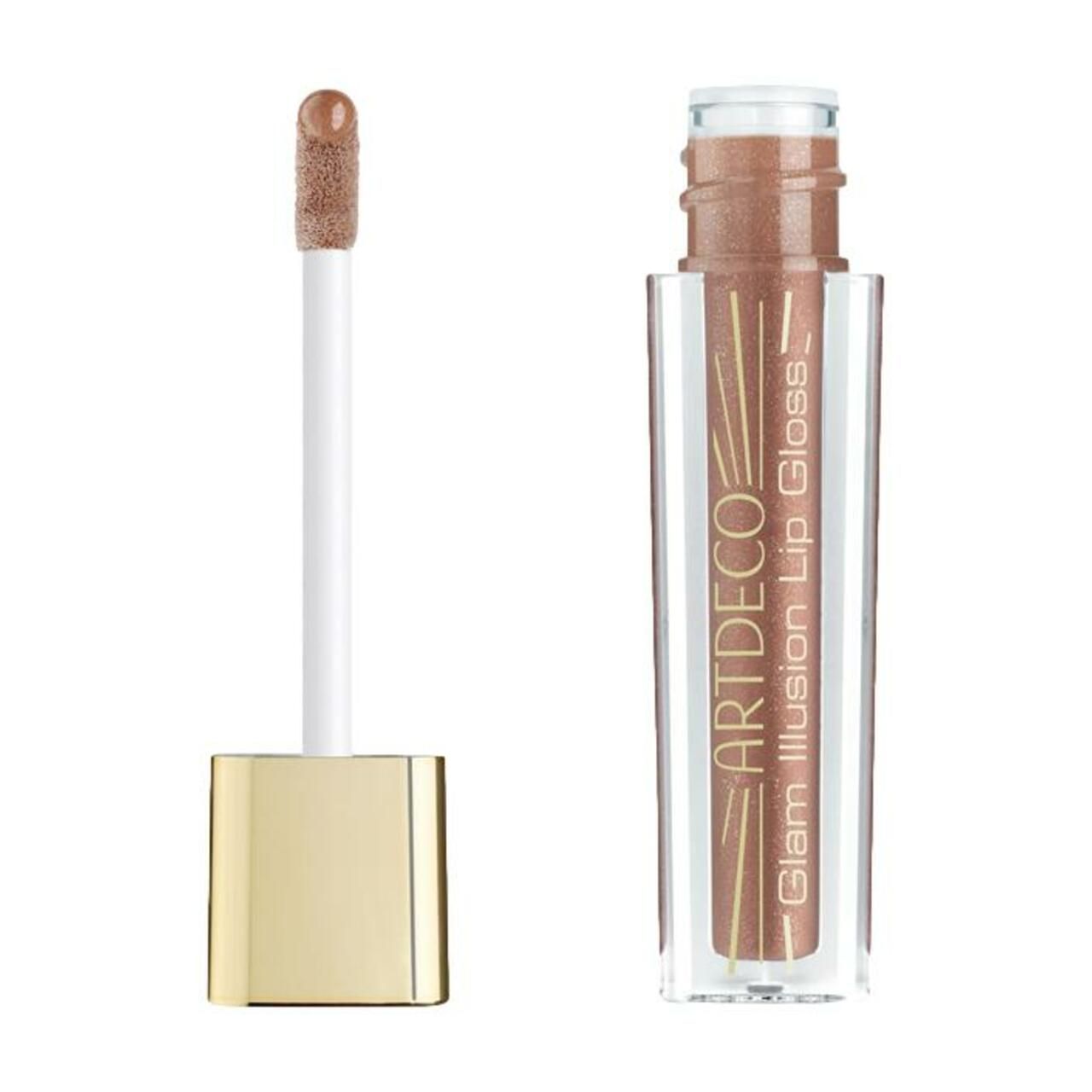 Artdeco Glam Illusion Lip Gloss. Geöffnete Tube mit Applikator. Produktname und Logo sichtbar.