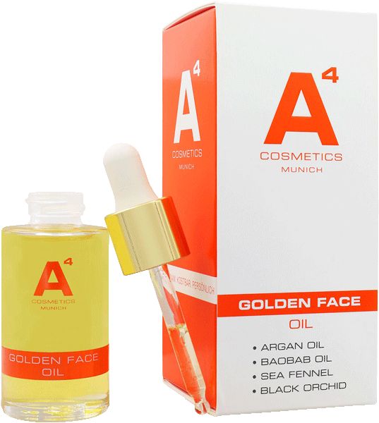 Flasche und Verpackung von A4 Cosmetics Golden Face Oil. Flasche mit Pipette. Verpackung mit Inhaltsstoffen: Arganöl, Baobaböl, Fenchel, Schwarze Orchidee.