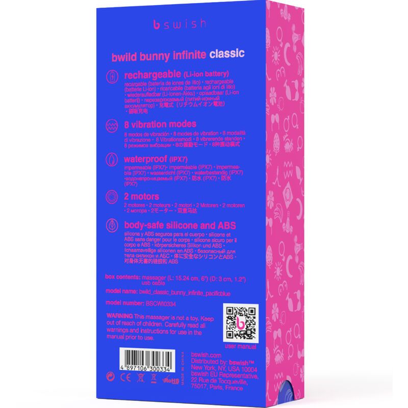 Blaue Verpackung mit Produktinformationen. Text: rechargeable, 8 vibration modes, waterproof, 2 motors, body-safe silicone and ABS.